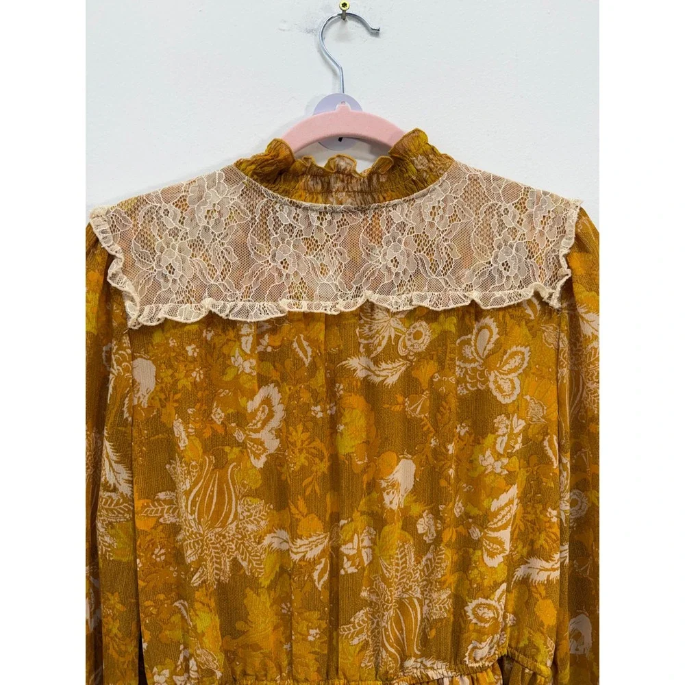 Tahari Floral Mini Dress 12 Mustard Yellow Lace Yoke Long Sleeve Boho Tiered - Picture 10 of 10